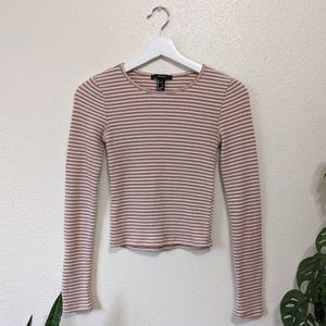 Beige Striped Cropped Long Sleeve Shirt